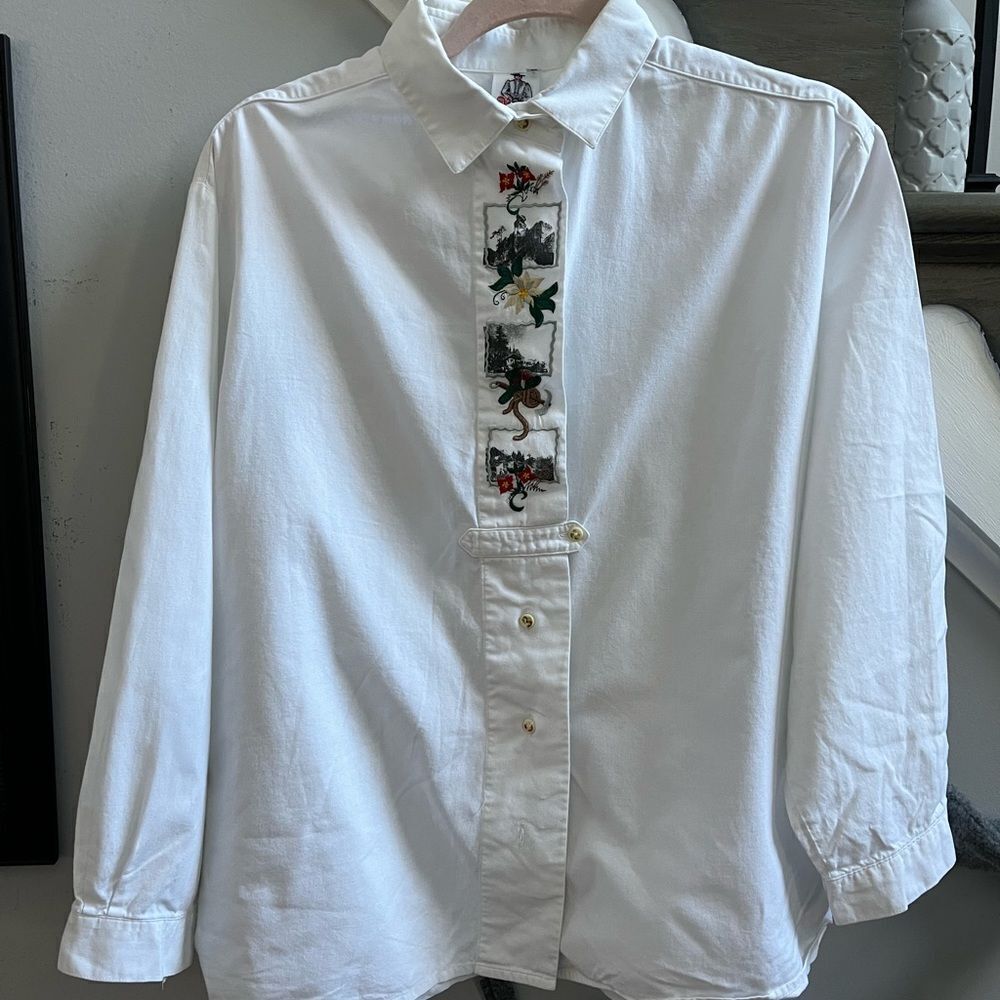 Vintage Burgi Handarbeit Austria Embroidered Button Down Shirt sz 44 XL